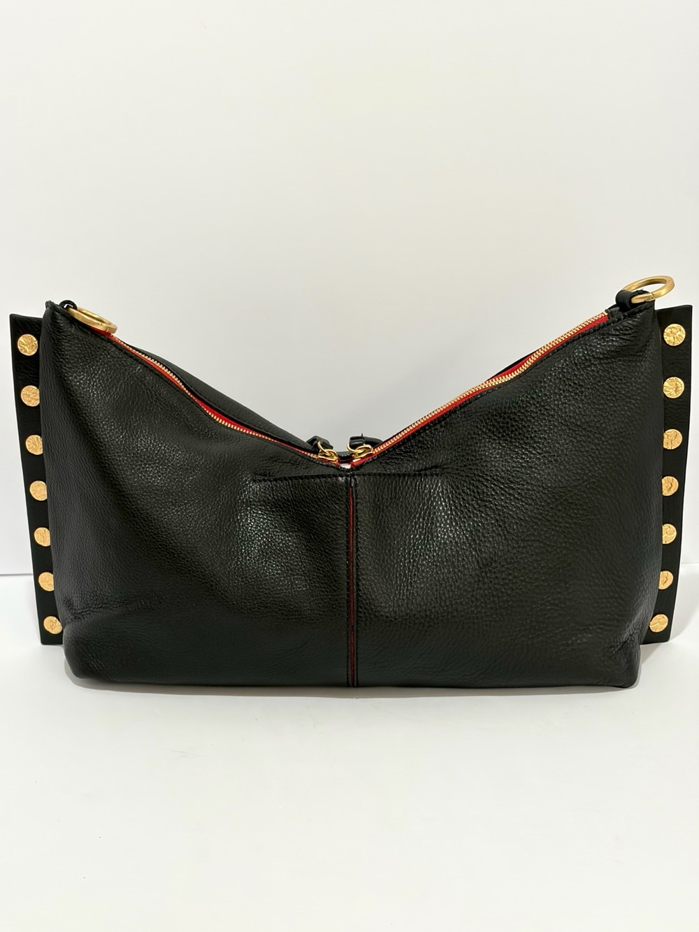 HAMMITT Mr G. Shoulder Bag In Black Leather/Brushed Gold Hammered Rivets/Red Zip - Picture 6 of 15